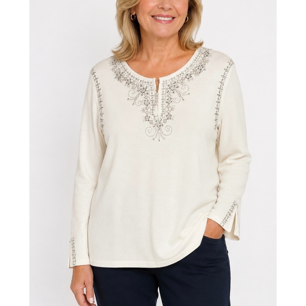 Quacker Factory Sweater Womens Large Cream Beaded Pearl Embellished Glam Sparkle